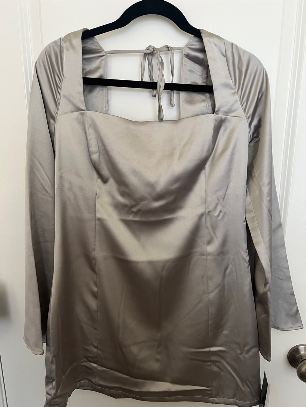Wild Fable Silver Satin Square-Neck Long Sleeve Mini Dress
